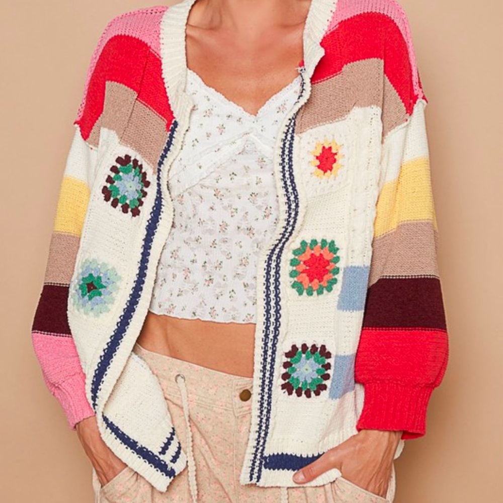 New POL granny square crochet cardigan sweater ivory tic toc Hand made stitch - Picture 6 of 6